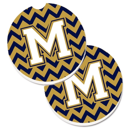 Carolines Treasures Letter M Chevron Navy Blue and Gold Set of 2 Cup Holder Car Coaster CJ1057-MCARC